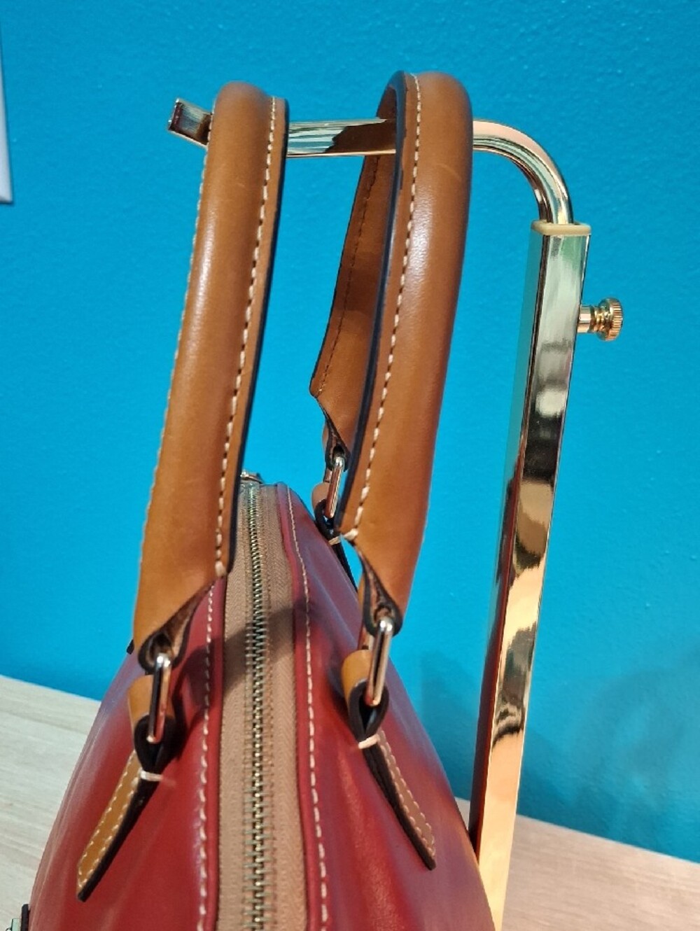 Dooney & Bourke Charli Red Leather Satchel with Brown Trim and Handles - Picture 5 of 14